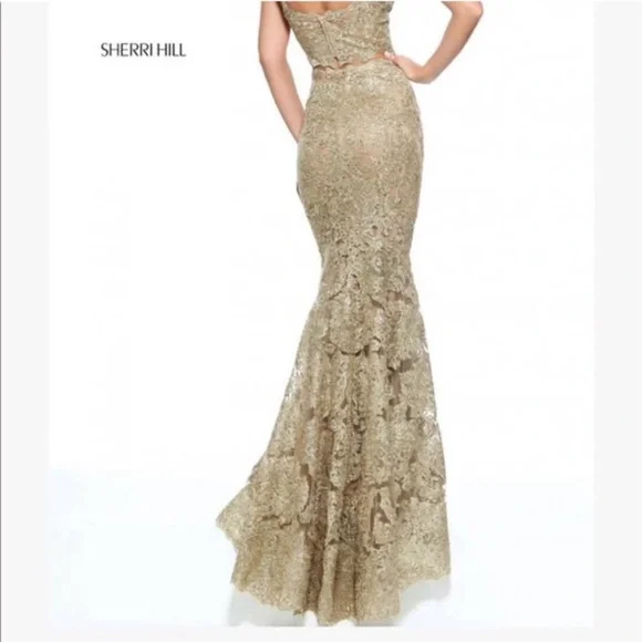 Sherri Hill Gold Lace Two-Piece Prom Dress - Picture 3 of 6